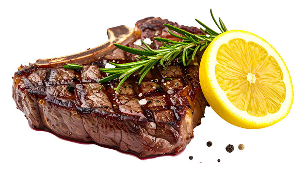 Grilled steak with bone, rosemary, and lemon garnish, on black