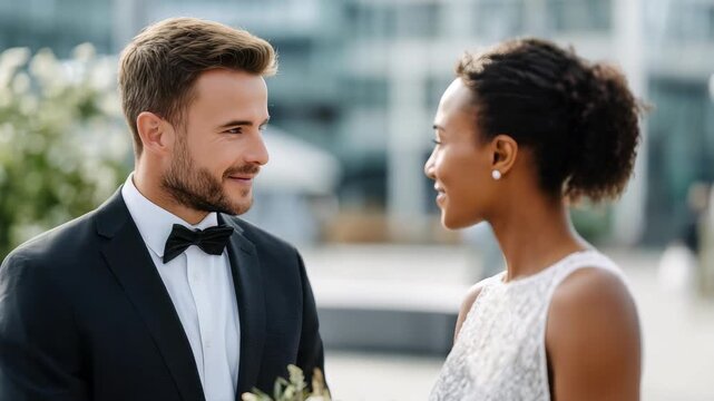 Elegant bride and groom sharing a romantic moment outdoors on their wedding day, dressed in formal attire. Modern urban background highlights the couple&rsquo;s joyful celebration and love