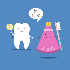 Cute Cartoon Tooth and Toothpaste Character to Illustrate Best Friends and Professional Stomatology Care