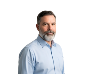 Confident mature man with a distinguished grey beard and blue collared shirt, looking directly at the camera, isolated on transparent background.