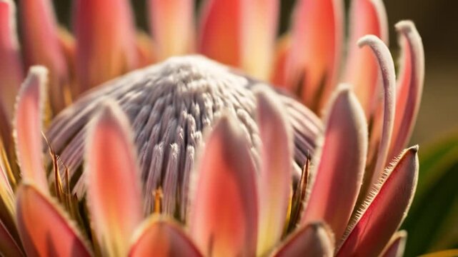 Close-up of a vibrant pink and yellow King Protea flower with delicate petals and a textured center. Perfect for botanicals, nature photography, and floral designs.