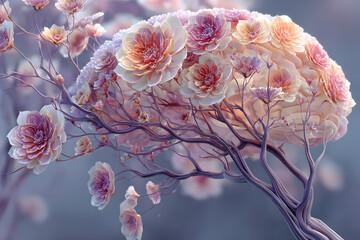 Human brain tree with flowers self care and mental health concept. AI generated.