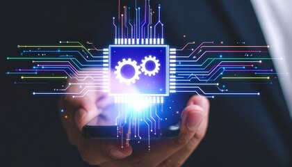 Artificial intelligence chip displaying gears and circuits, representing innovation and advanced technology