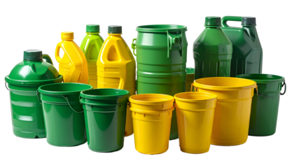 Group of green & yellow plastic containers, various shapes and sizes