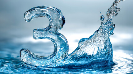 Water sculpted into the shape of the number three, creating a dynamic and refreshing aquatic image with splash details. Cool hues.