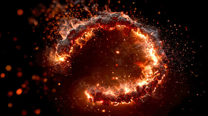 Fiery vortex, dark background. Dynamic ring of fire and ash swirls around a central void, sparks flying in every direction, intense heat. 