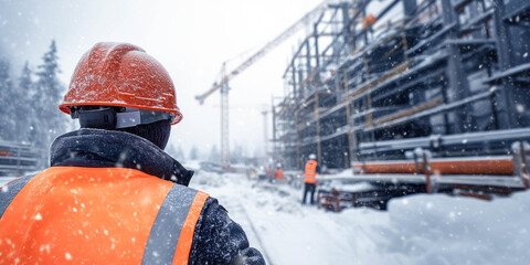 Builders in helmets and vests continue to work on the construction site in winter. Men at work concept.