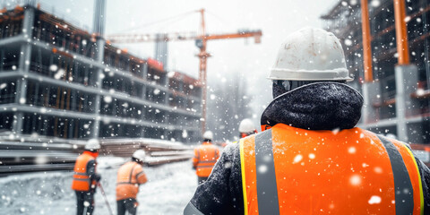 Builders in helmets and vests continue to work on the construction site in winter. Men at work concept.