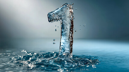 Liquid number one in a splashing water environment with droplets floating around, isolated on a blue gradient background.