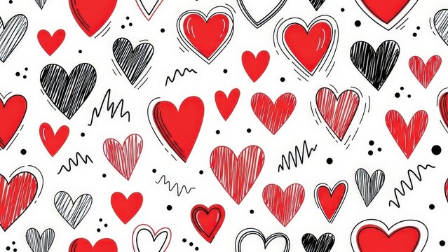 Seamless pattern of handdrawn red and black hearts with scribbles and dots on white background