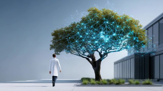 A scientist in a white lab coat approaches a modern building, observing a large tree with digital neural network connections visualized in the branches. Futuristic technology meets nature