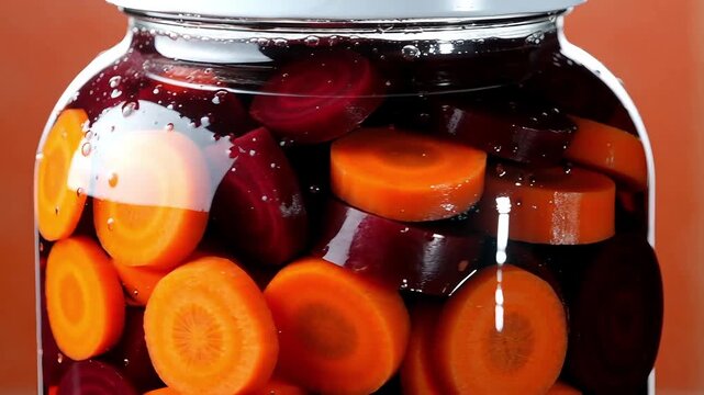Glass jar filled with sliced orange carrots and purple beets in brine showcasing healthy preserved organic food and homemade pickled vegetables