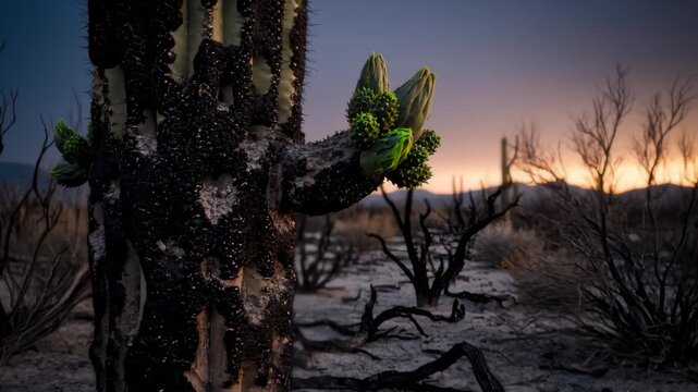 Saguaro Cactus Regrows in Burned Desert Landscape at Sunset