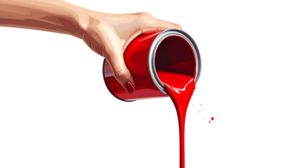 Vector illustration of a hand pouring vibrant red paint from a metal can, against black