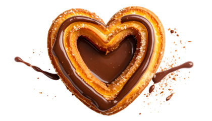 Heart-shaped pastry with chocolate drizzle and sugared edges, isolated on black