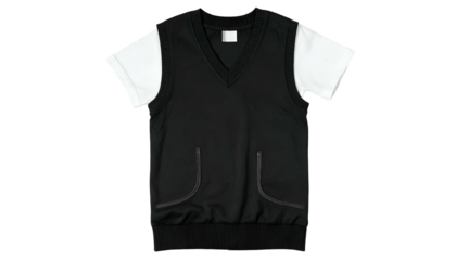Black vest with pockets worn over a white T-shirt on a black background, top-down view