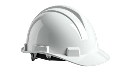 A white, glossy construction helmet isolated on black, angled for a clear view