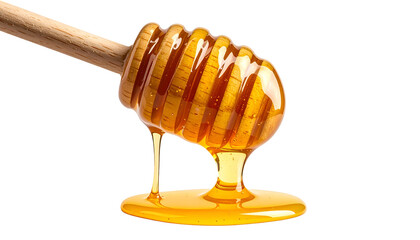 Wooden dipper, filled with viscous golden liquid, dripping against a black backdrop