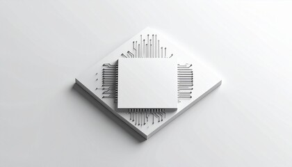 Minimalist 3D render of a blank computer chip on a white background, representing data processing and technology innovation