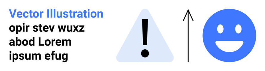 Fototapeta premium Warning signals, growth, communication, positive feedback, instructions, data presentation. Triangle with exclamation mark, arrow pointing up and blue smiling face. Warning signals and growth