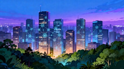 Futuristic cityscape with network connections