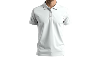 White polo shirt on invisible mannequin; detail on collar, buttons, and short sleeves