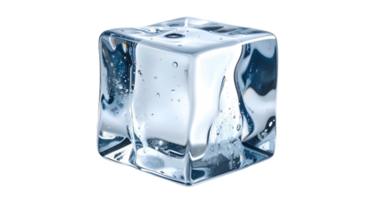 A clear, close-up view of a translucent, square ice cube against a stark black background