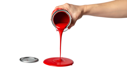 A hand pours red paint from a can onto a surface, the open lid lies beside