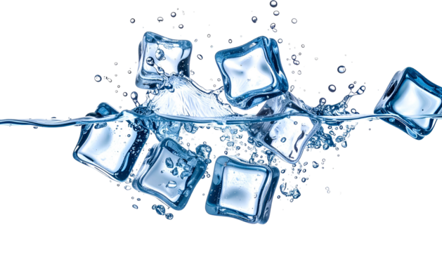 Transparent ice cubes splash in clear water, creating a dynamic display - Powered by Adobe