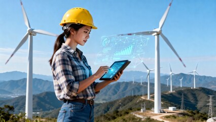 Woman with tablet near wind turbines