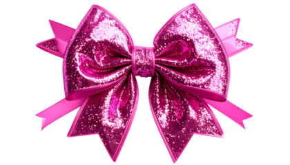 A large, glittery, pink ribbon bow with elegant loops and tails on a transparent black background
