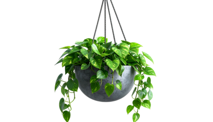 Lush green leafy plant in gray hanging pot against black background