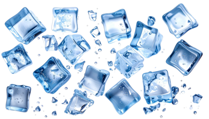 Transparent blue ice cubes, scattered against a black backdrop, with water droplets