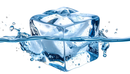 A transparent ice cube floats in water, splashing against a black background
