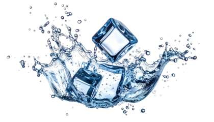 Cubes of ice plunge into water, creating a dynamic splash against a black background