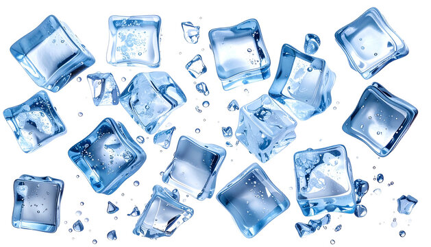 Transparent blue ice cubes, scattered against a black backdrop, with water droplets