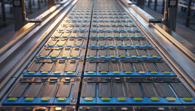 Battery modules arranged on conveyor system in geometric pattern