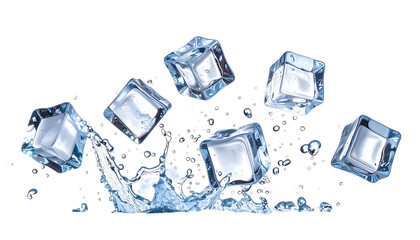 Six ice cubes appear to splash water, against a black backdrop, with liquid droplets