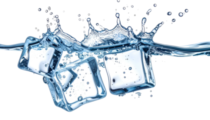 Crystal clear ice cubes submerged in water, creating a splash, on a black background
