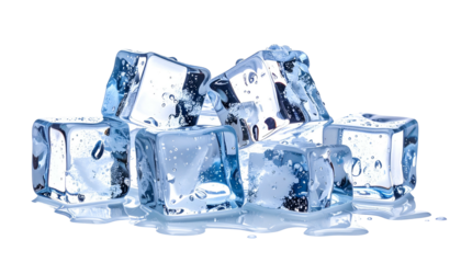 Transparent, clear ice cubes stacked together with water droplets on a black background
