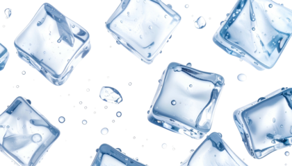 Floating, translucent ice cubes and water droplets on a contrasting black background