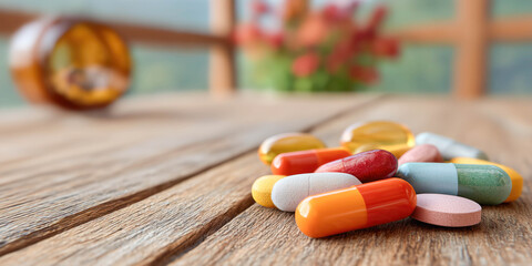 Colourful pills lying on the table. Health care concept.