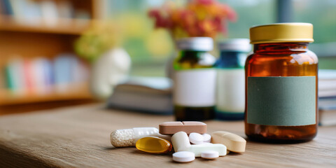 Colourful pills lying on the table. Health care concept.