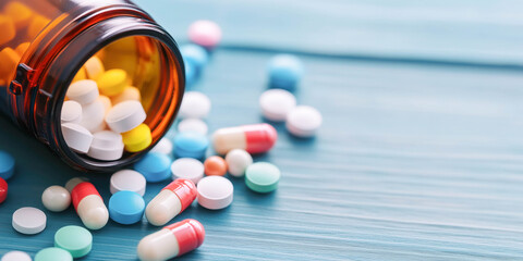 Colourful pills lying on the table. Health care concept.