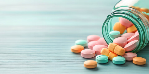 Colourful pills lying on the table. Health care concept.
