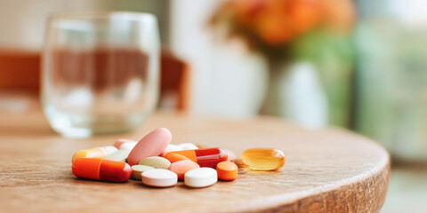 Colourful pills lying on the table. Health care concept.