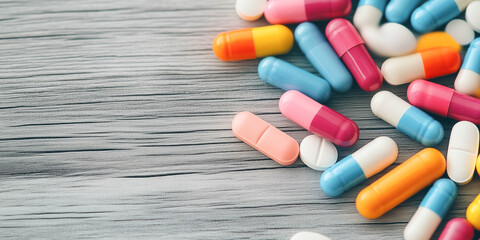 Colourful pills lying on the table. Health care concept.