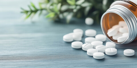 Colourful pills lying on the table. Health care concept.
