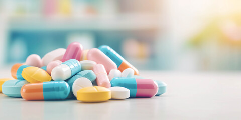 Colourful pills lying on the table. Health care concept.