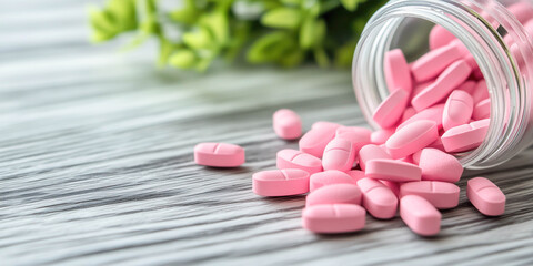 Colourful pills lying on the table. Health care concept.